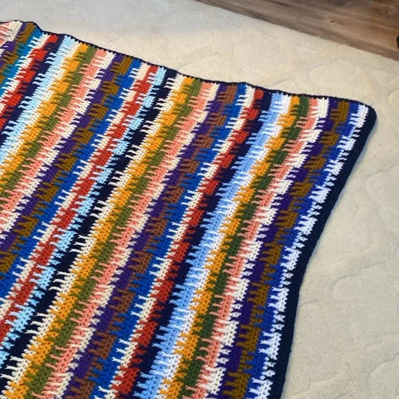 Vintage! Handmade Crochet Stripe Reversible Blanket 63” by 50” - Picture 10 of 11